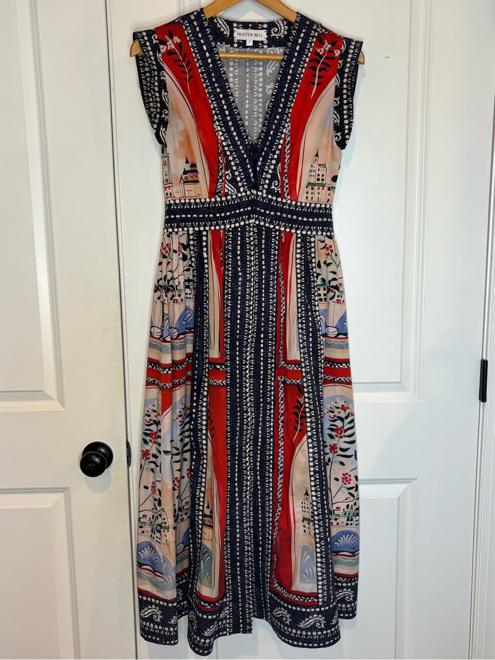 Hunter Bell April Coastal Village Red Blue Print Sleeveless V-neck Zip Dress 2